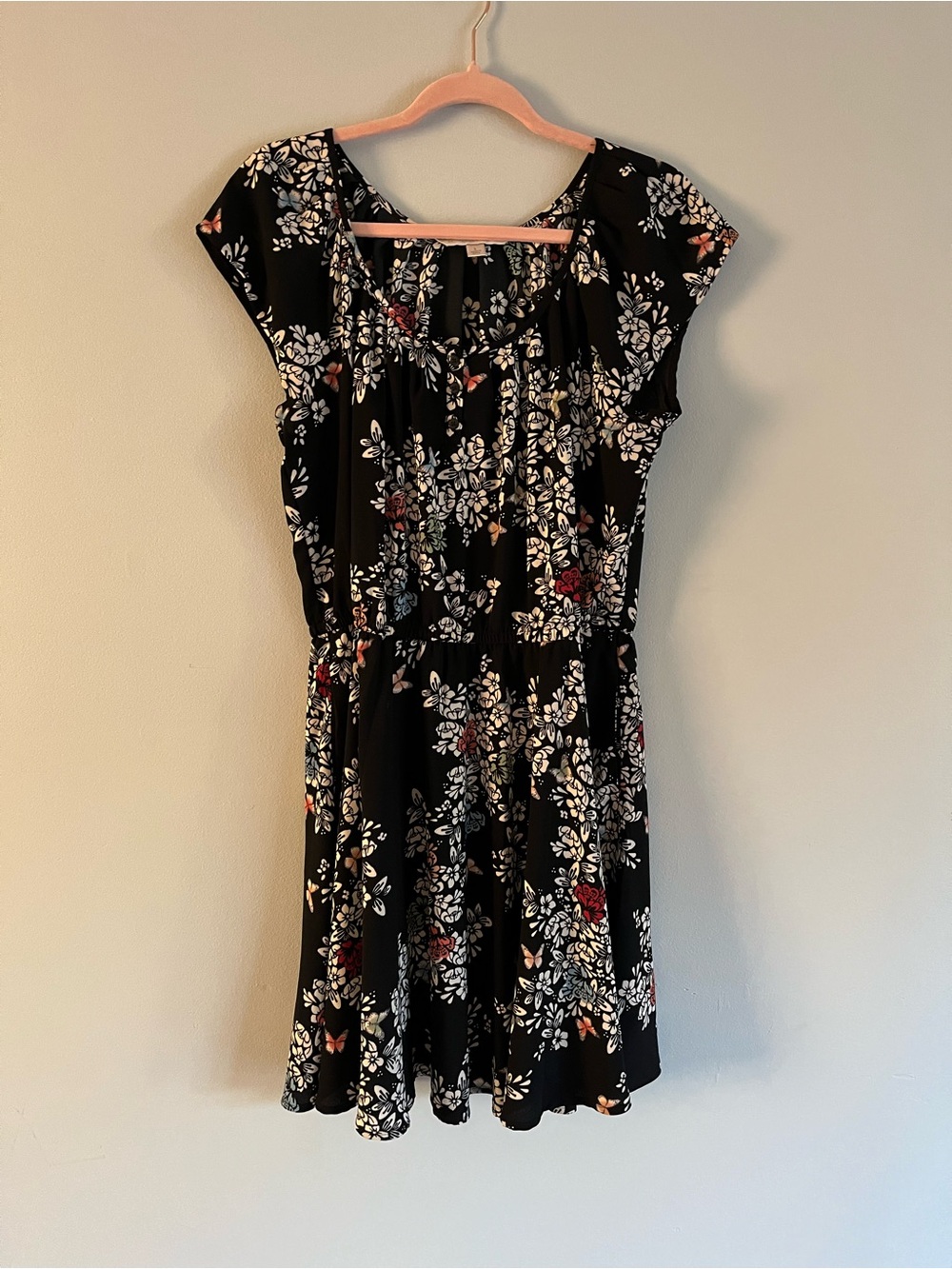 LC Lauren Conrad Black Midi Dress with White & Red Floral Print
